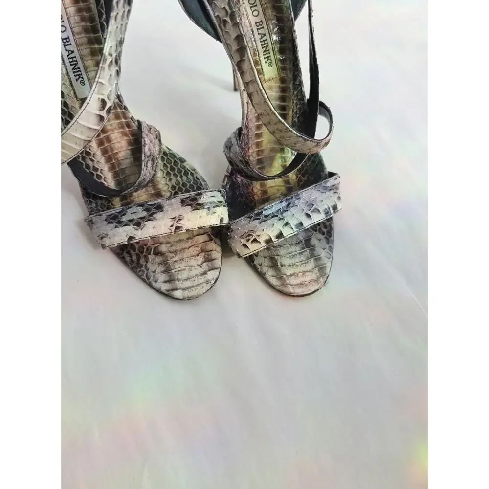 Manolo Blahnik Gray Snakeskin Python Heels strappy Sandals Shoes 36 Stilettos